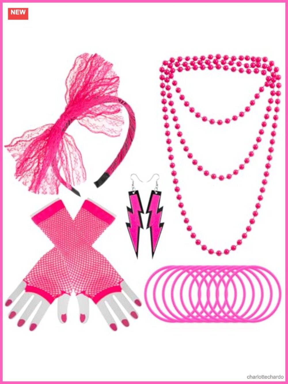 80s Fancy Dress Costume Accessory Set Lace Headband Fishnet Gloves Necklace
